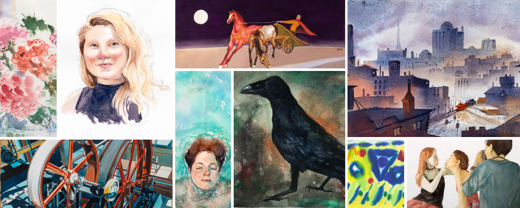 Collage of nine images that reflect different examples of watercolor paintings in the GVSU Art Museum Collection.